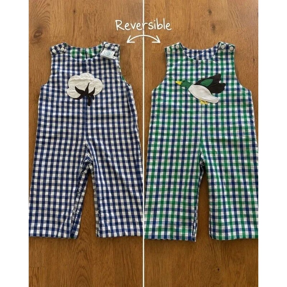 Smocked South 12M Reversible Gingham Jon Jon Romper Duck Cotton Appliqué